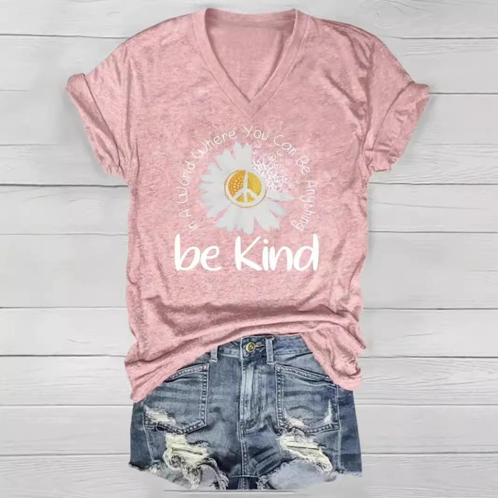 Летний топ с V-образным вырезом, принтом с 3D-цветочным узором, модная повседневная женская футболка с коротким рукавом