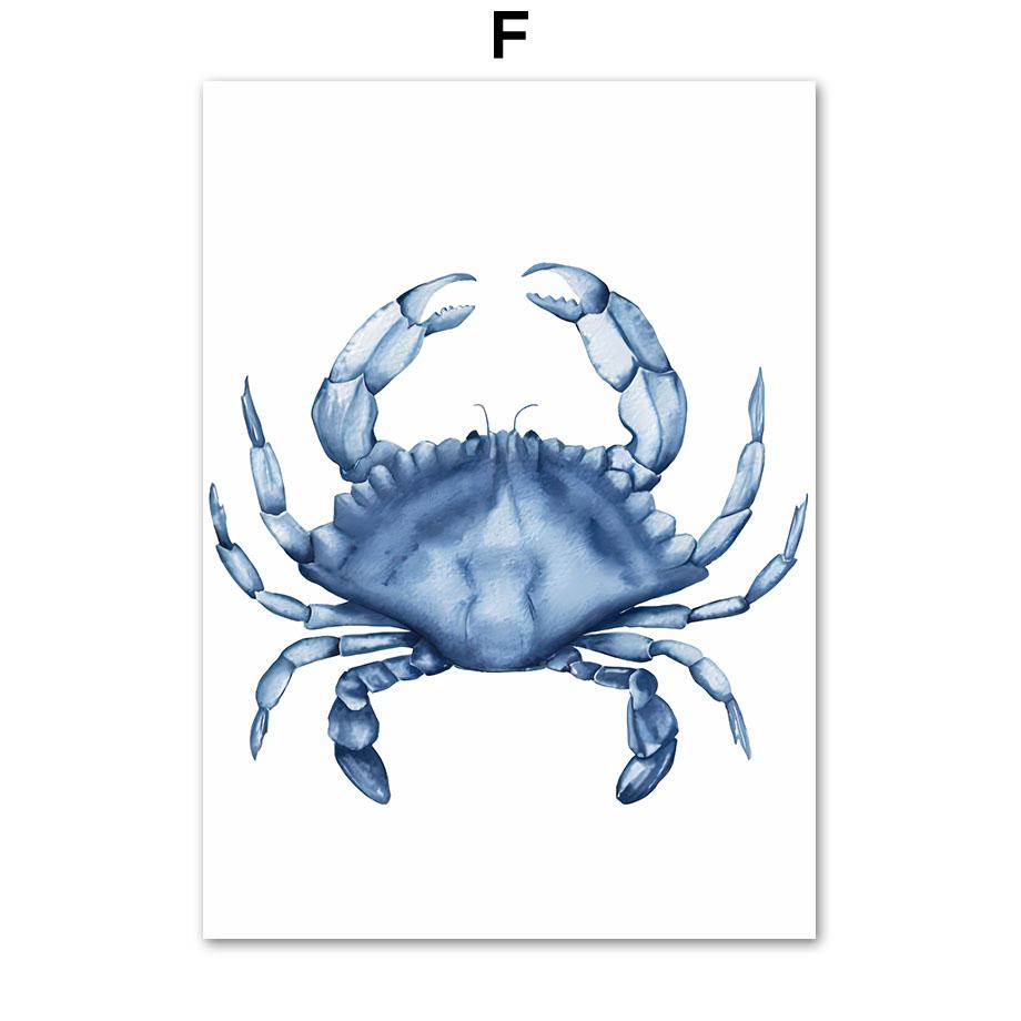 Акварельные синие прибрежные морские существа, постеры с принтами, осьминог, раковина, медуза, настенная живопись на холсте, детская комната, домашний декор