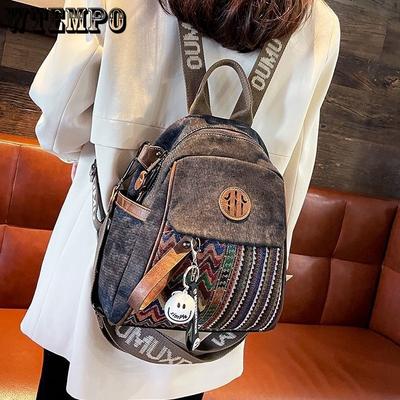 Женский джинсовый рюкзак с этнической вышивкой, контрастный цветной рюкзак, сумка через плечо