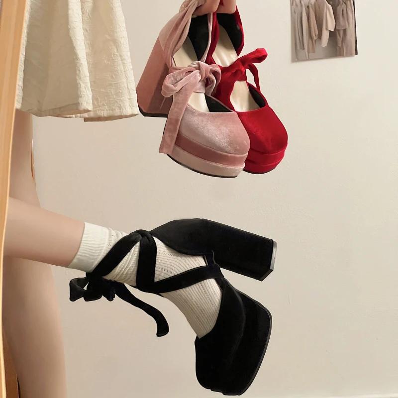 Модные туфли AJGS на платформе для женщин, туфли Мэри Джейн, женская модная обувь на толстом высоком каблуке с перекрестными шнурками, женские элегантные туфли-лодочки