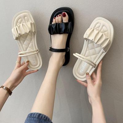 Сандалии женские One Word Footwear на низком каблуке Лето 2024 Тапочки женская обувь Пляжная черная корейская мода Нескользящая Горячая VIP