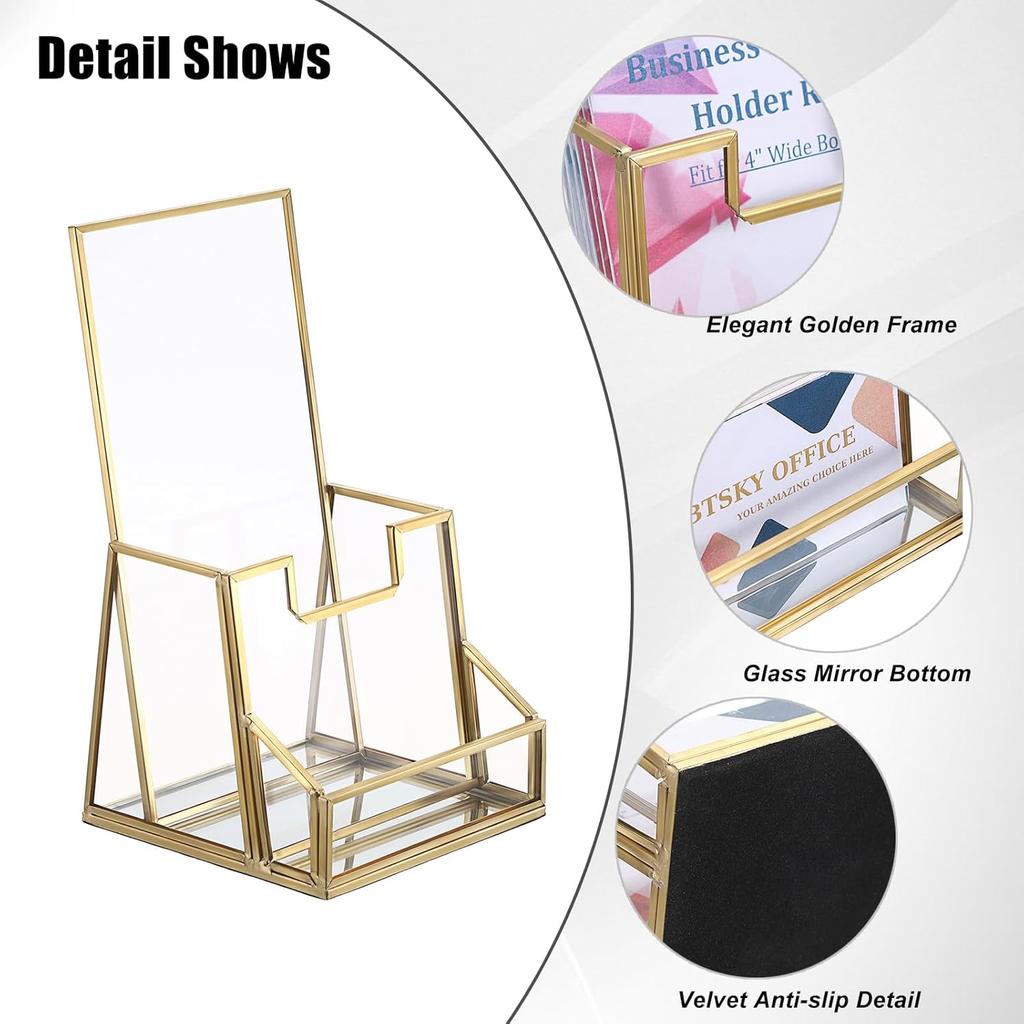 BTSKY Golden Glass Brochure Holder for 4" Wide Trifold Handouts, Countertop Pamphlet Holder Display Stand with Business Card Holder, Flyer Display