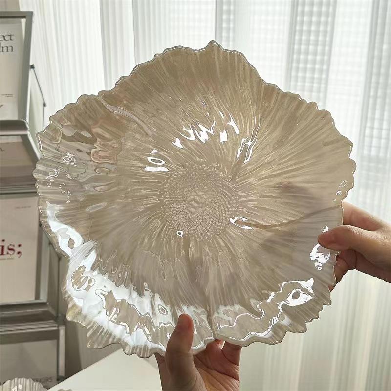 Flower Shape Glass Plate Home Retro Snacks Candy Storage Platter Simple Pearl White Fruit Tray Kitchen Tableware Disc