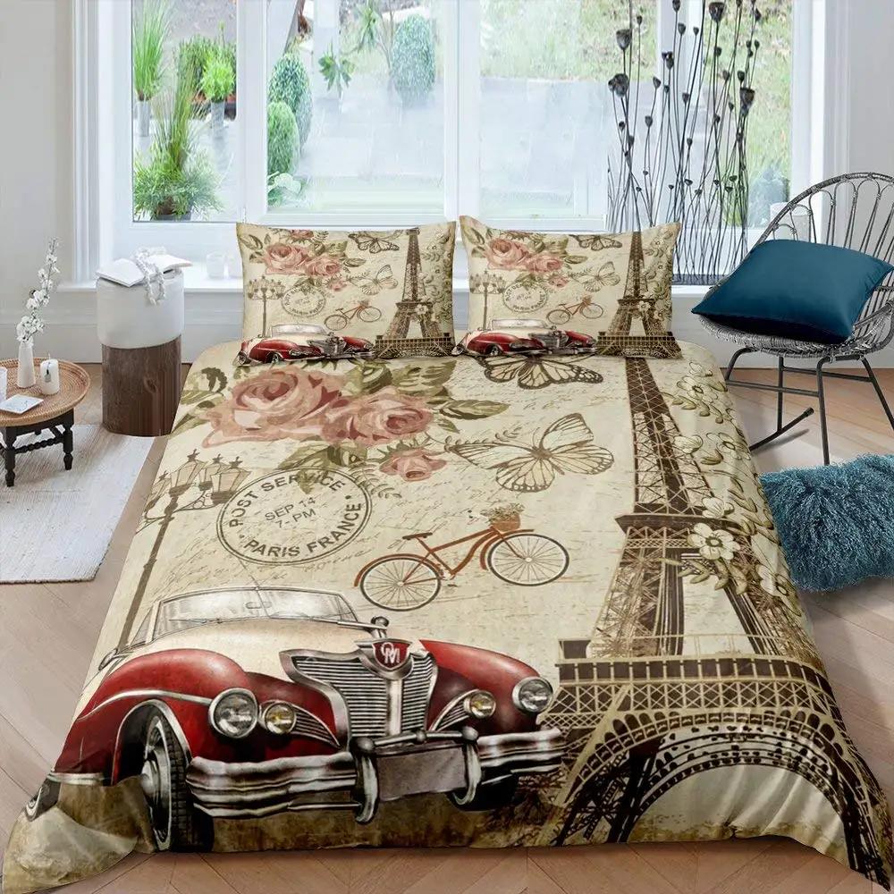 Пододеяльник «Эйфелева башня» Романтичный Современный Городское здание Парижа Красный и Синий Пододеяльник для пары Аксессуары Декор для девочки-подростка
