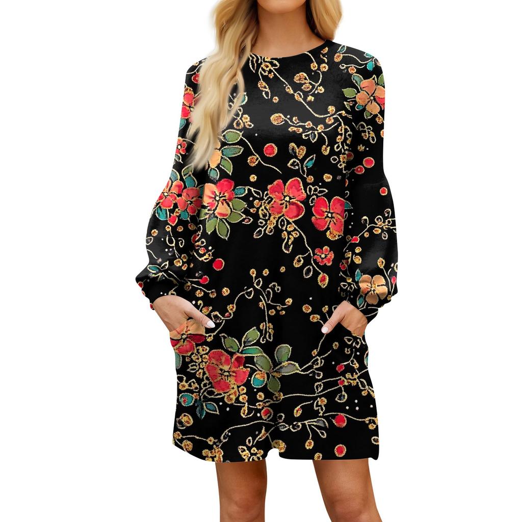 Модное женское платье трапециевидной формы с длинным рукавом. Осенний повседневный пуловер с круглым вырезом. Свободное платье с карманами.