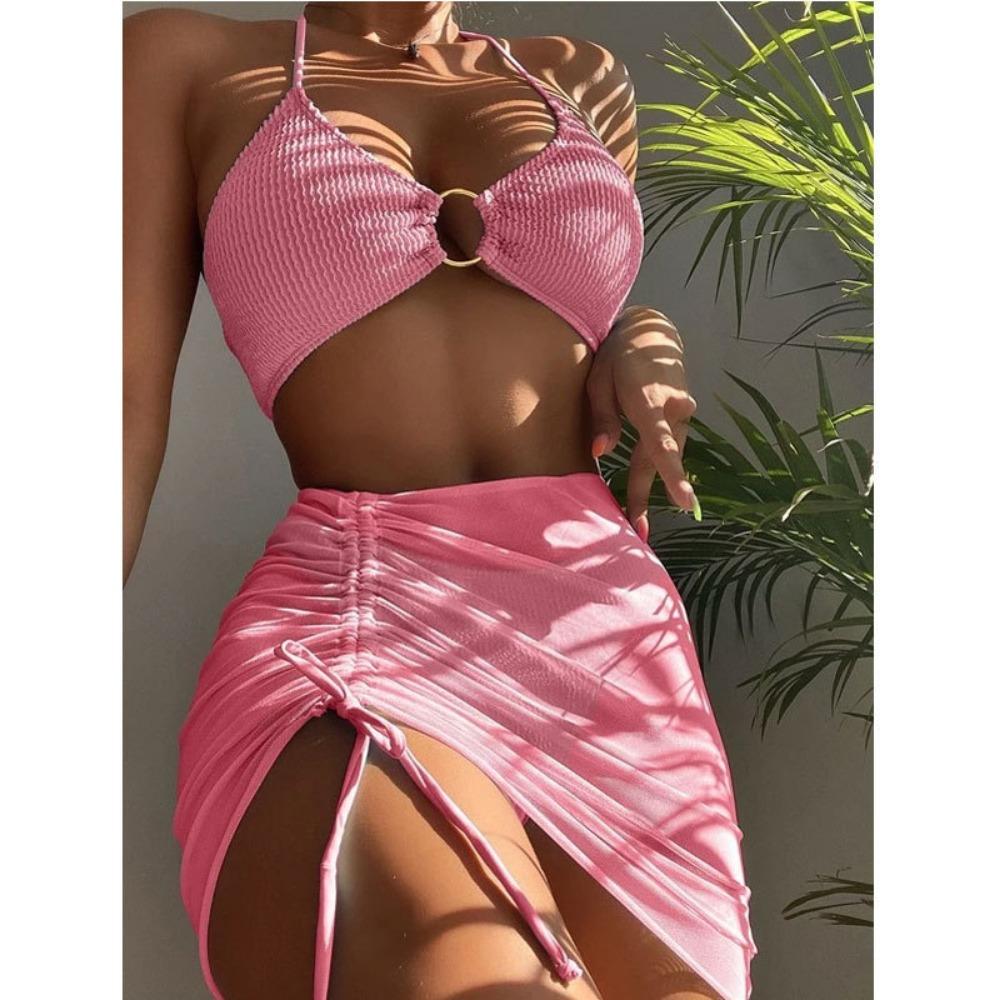 European and American Split Swimsuit Women's Slim-Fit Solid Color Sexy Swimsuit Halter Three-Piece Bikini