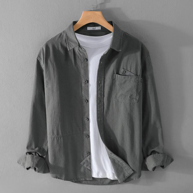 Весенне-летняя рубашка с длинным рукавом для мужчин в корейском стиле, рабочая одежда для мужчин, топы с воротником-лацканами и карманами, хлопковая рубашка, простая мужская одежда