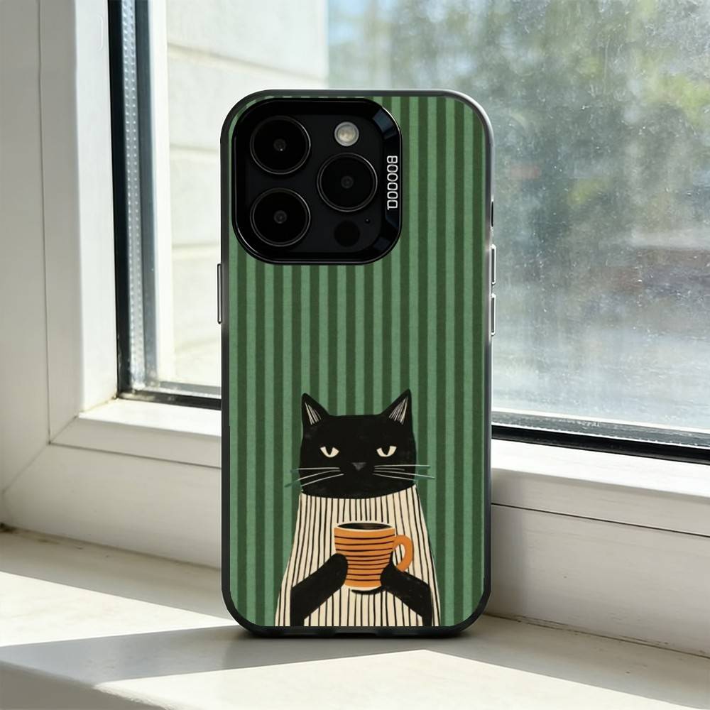 Чехол для телефона «Ленивый кот с кофе» для iPhone 17,16,15,14,13,12,11 Plus,Pro Max,XS, Цветной Серебристый Черный Чехол
