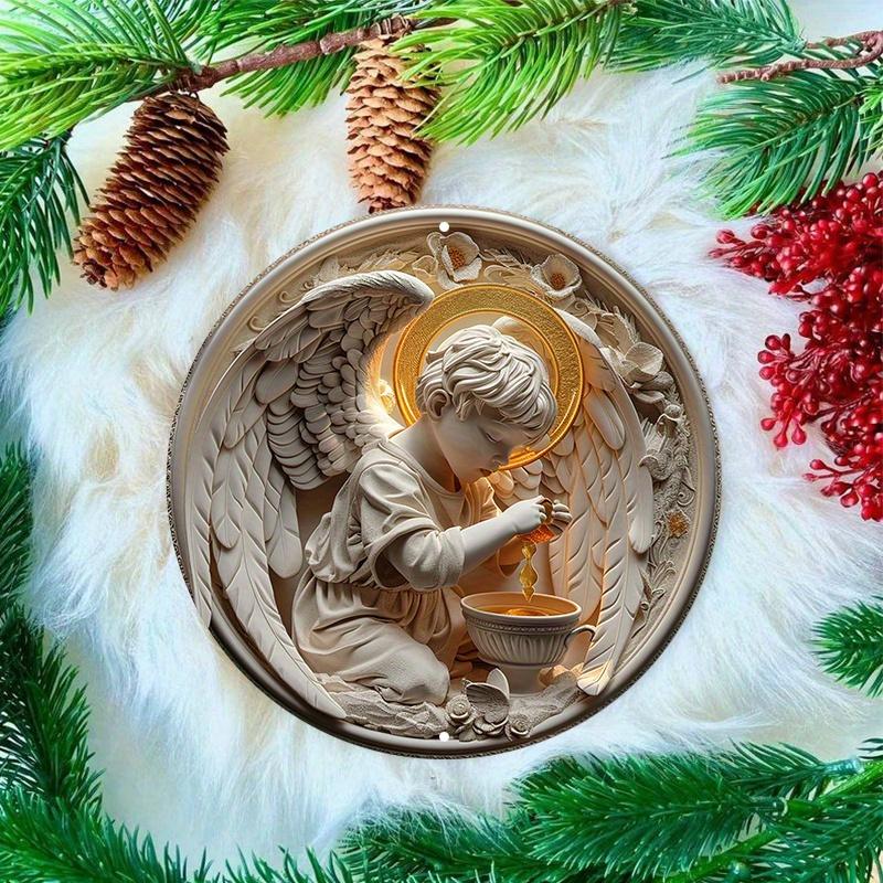 Маленький ангел-мальчик круглый деревянный настенный знак, устойчивый к царапинам, наружное и внутреннее украшение, настенное искусство, домашний декор