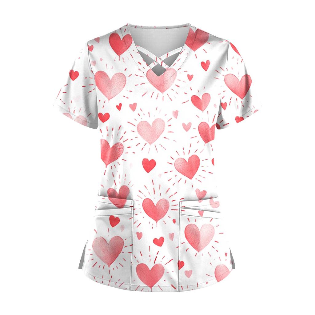 Женский топ с коротким рукавом и V-образным вырезом, принтом ко Дню святого Валентина, карманом Dry-nurse