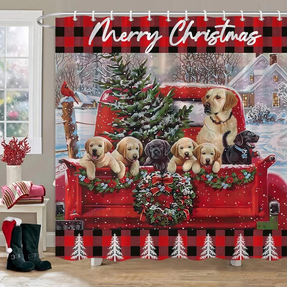 Merry Christmas Shower Curtain Winter Red Truck Snowman Reindeer Snow Farmhouse Shower Curtain Washable Polyester Bathroom Decor