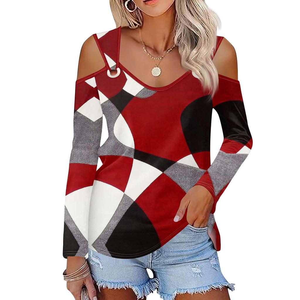 Women's Casual Shirt Blouse Print V-neck Sexy Cold Shoulder Long Sleeve Top