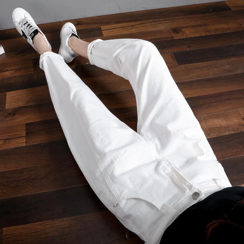 Укороченные брюки, сплошной цвет, джинсы больших размеров, женские свободные повседневные шаровары с высокой талией