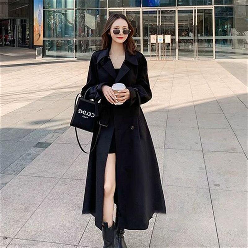 Women's Mid-Length Black Trench Coat - Korean & British Style, Plus Size & Petite, Over-the-Knee, Perfect for Spring & Autumn 2025