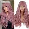 Длинные волнистые парики с челкой для женщин, черный, коричневый, фиолетовый, розовый, синий, длинный волнистый парик из синтетического волокна