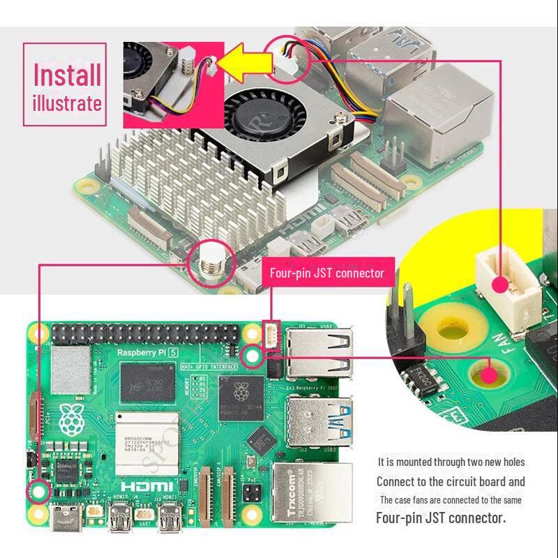 Алюминиевый радиатор с ребрами и охлаждающий вентилятор для Raspberry Pi 5-го поколения