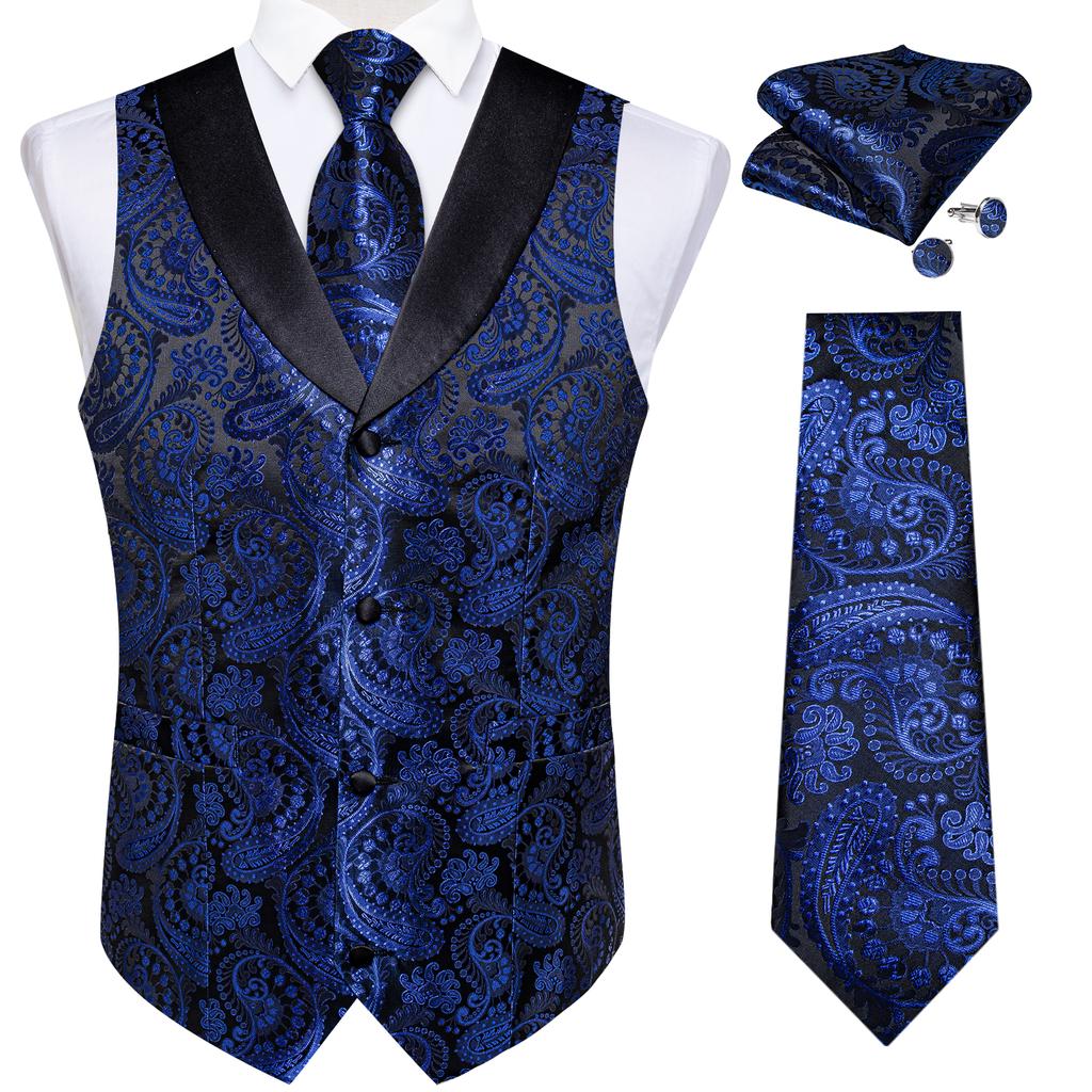 Mens Silk Slim Waistcoat Dark Purple Paisley Wedding Suit Vest Tie Cufflinks Set