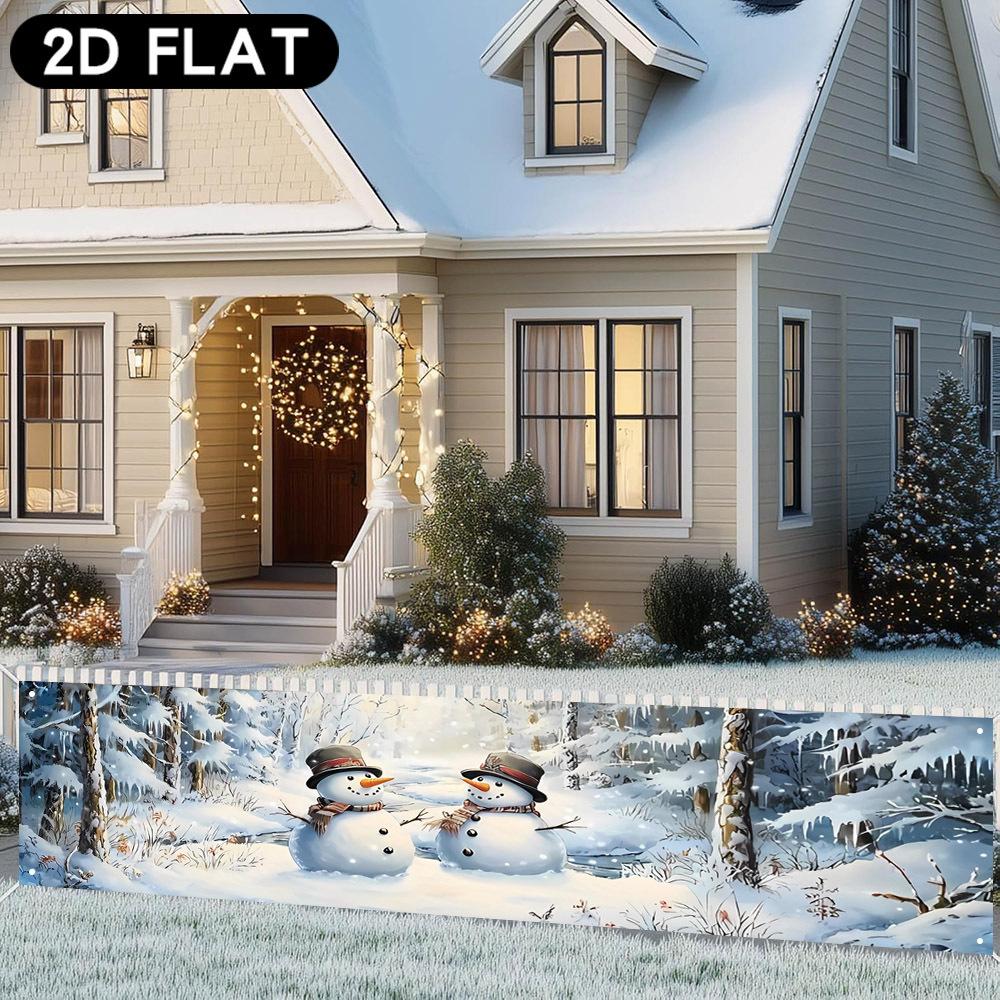 Square Christmas Fence Banner, Winter Snowman Santa Reindeer Gingerbread Snowy Forest Design, Polyester Outdoor Holiday Photo Backdrop