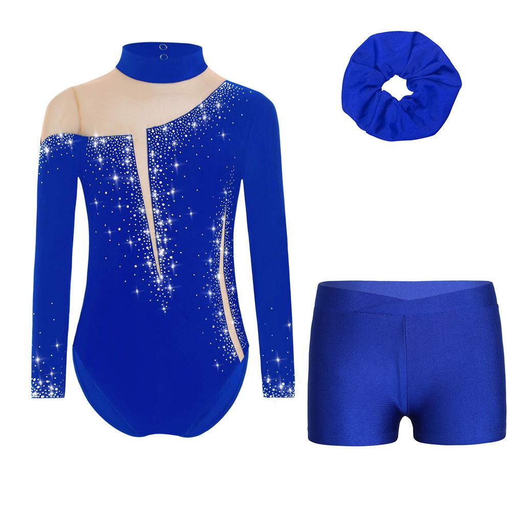 Girls Gymnastics Dance Outfit Set Long Sleeve Keyhole Back Sheer Mesh Patchwork Sparkly Leotard Shorts Hair Band