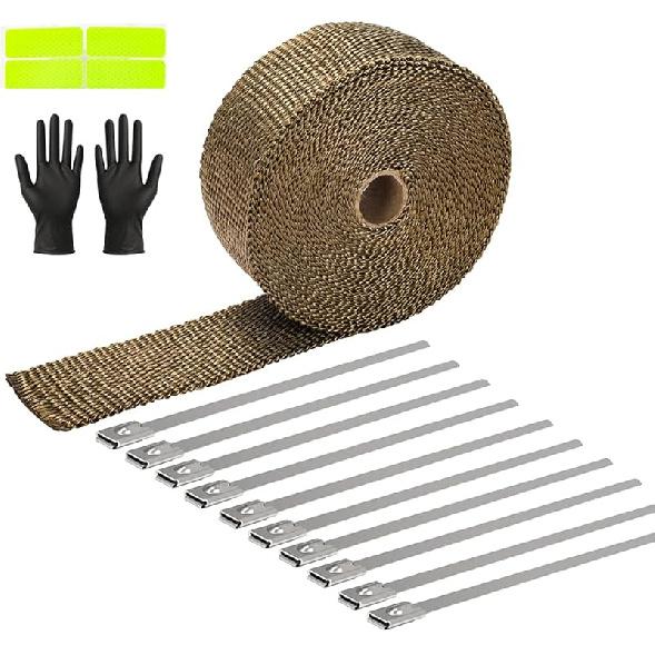 Exhaust Heat Wrap Roll 2" X 16' Black Fiberglass Heat Shield Tape 1 Rolls 5Cm X 5M With 10Pcs Stainless Ties For Motorcycle Car Truck