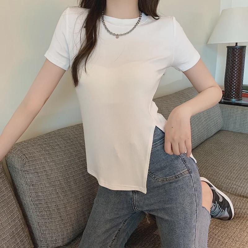 2024 Summer Trendy Slim Black Side-Slit T-Shirt - Women's Chic Short-Sleeve Top
