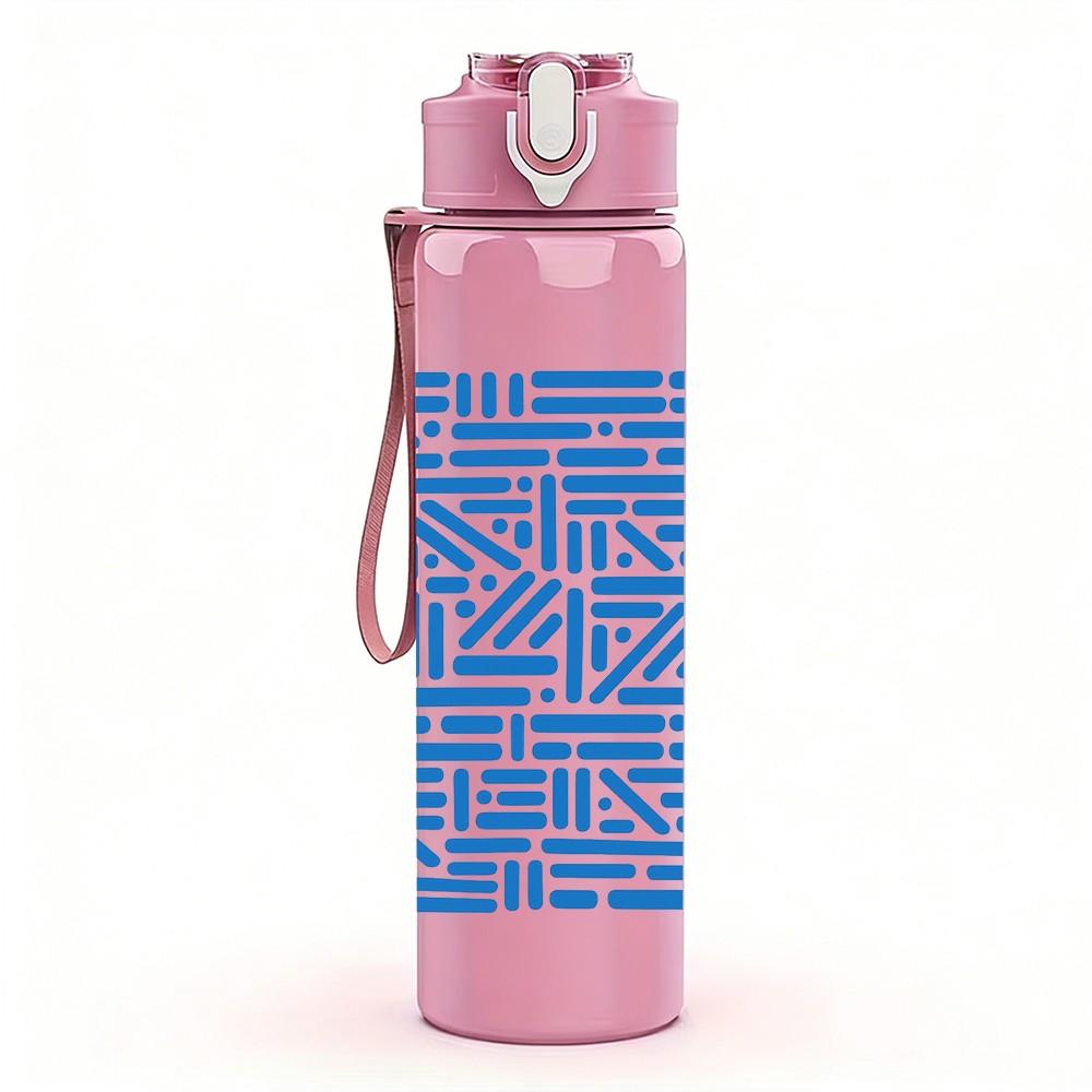 1PC Blue Geometric Line Maze Pattern 750ml Color Plastic Sports Water Bottle Leakproof Flip Straw Lid Suitable for Sports Office Home Use