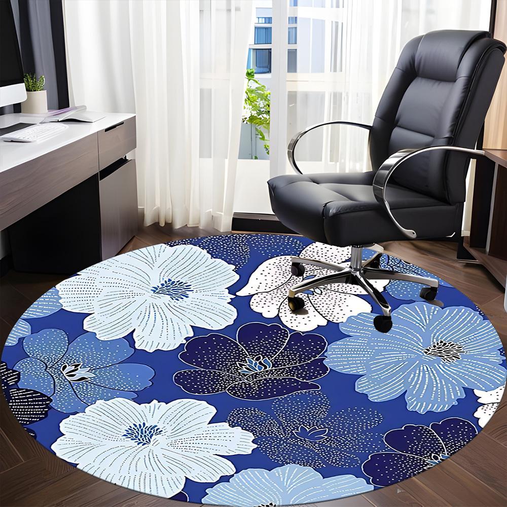 1pc Floral Blue Office Round Area Rug, Mat Suitable For Office, Under Office Chairs Bedroom Living Room Home Decor, Room Deco