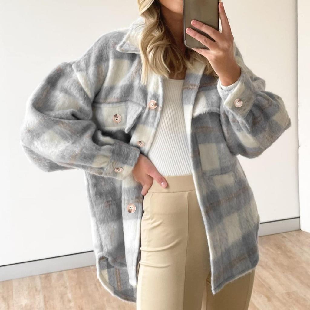 Модные женские повседневные топы в клетку с длинным рукавом и воротником-стойкой, пальто
