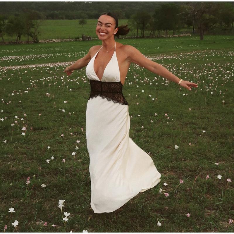 Женское платье с кружевной вставкой, на шее, пляжное, для путешествий, летнее, новый стиль, платье с подчеркнутой талией, темпераментное, длинное, без рукавов, облегающее