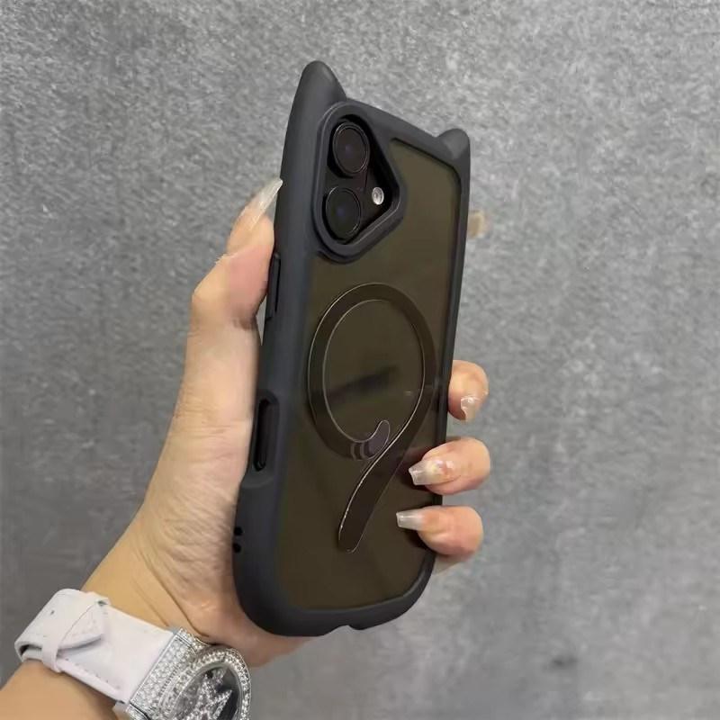 Ins Cute Cat Tail Magsafe Phone Case For iPhone 16 15 14 13 11 12 Pro Max Cat Ear Bumper Transparent Shockproof Hard PC Cover