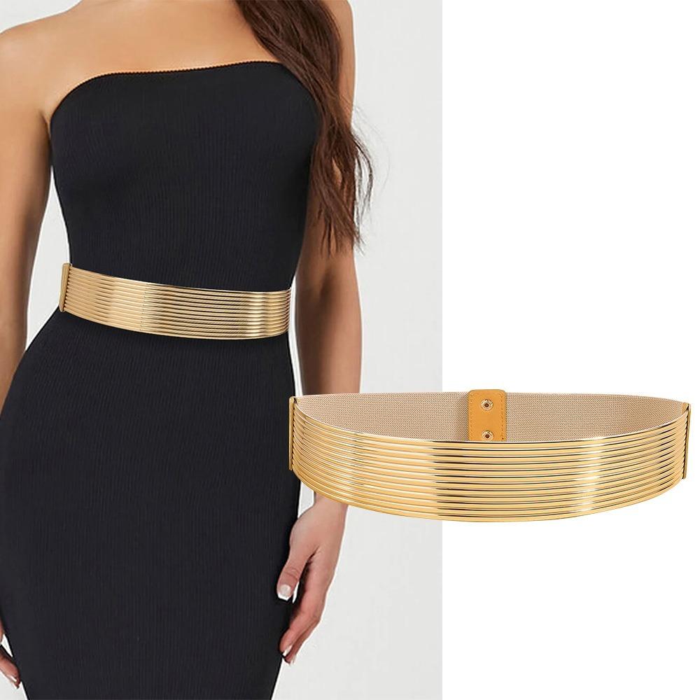 Fashion Gold Waist Belt Elastic Bright Buttoning Belt Wide Dress Belt for Women