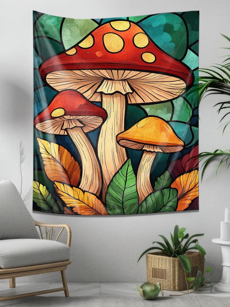 Psychedelic Art Style Mushroom Wall Hanging Colorful Leaf Decor Tapestry