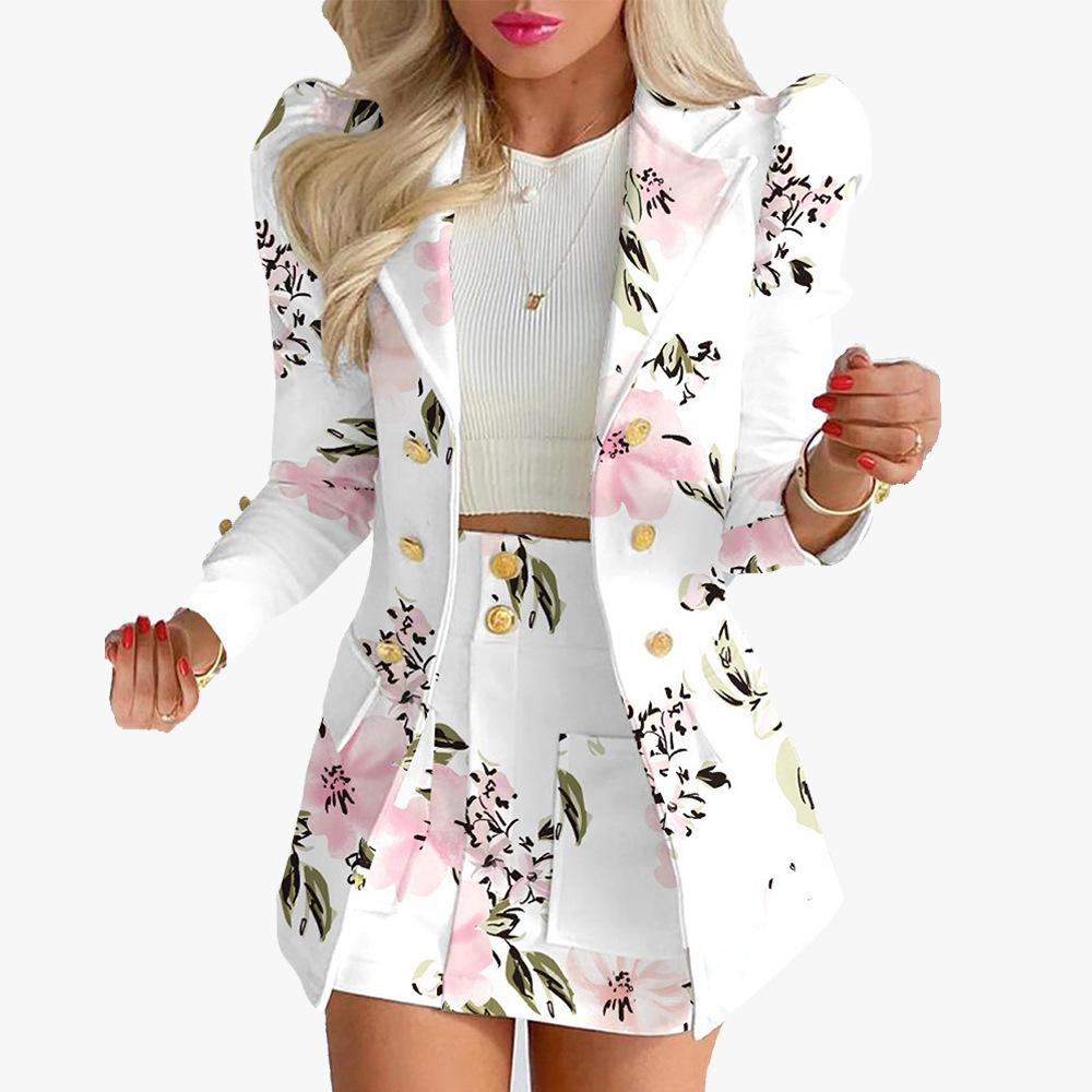 Fashion Versatile Matching Suit and Skirt Women's Casual Style Button Open Umbilical Short Multi Piece Suit