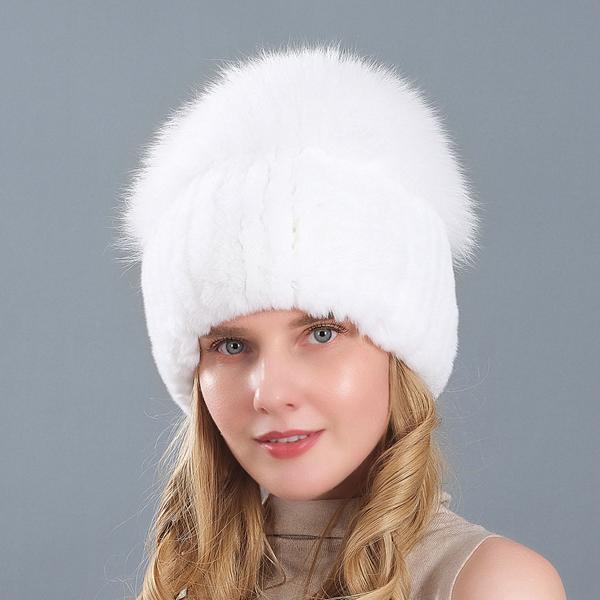 New Style Women Real Genuine Fox Fur Beanies Hat Girls Natural Real Rex Rabbit Fur Skullies Cap Knit Winter Real Fur Hats