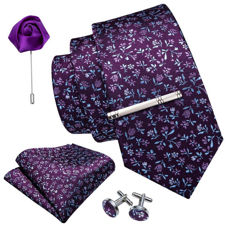 Мужской набор аксессуаров для одежды: галстук с зажимом, платок и брошь-булавка в виде розы