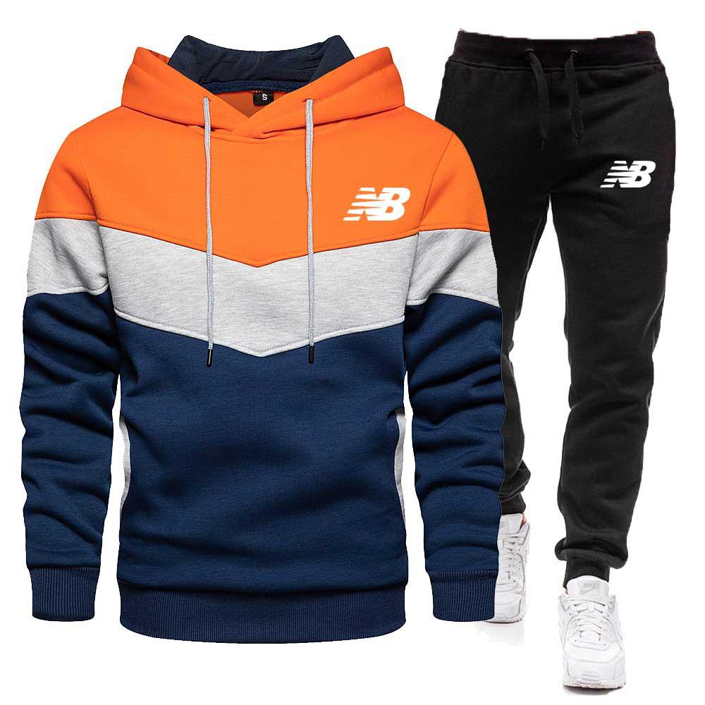 Men's Color-Block Hooded Sweatshirt & Sweatpants Set for Spring and Autumn