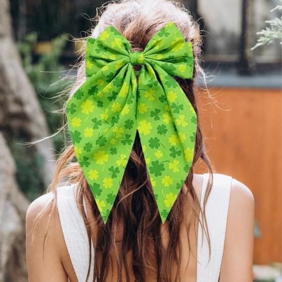 Заколка для волос из зеленой ленты с бантом и узором в виде четырехлистного клевера, пружинная заколка для затылка, заколка для волос в милом стиле