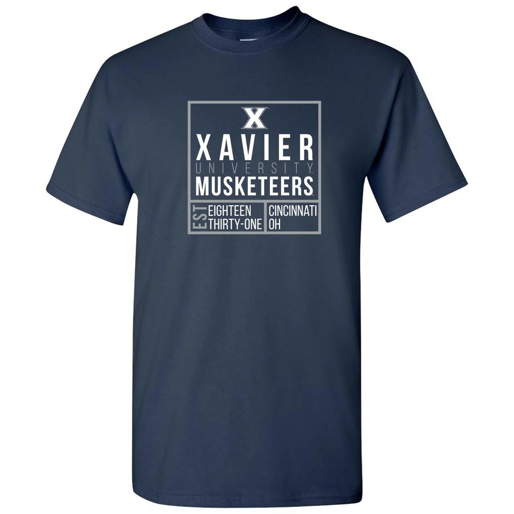 Футболка с коротким рукавом - темно-синяя, с надписью Xavier Musketeers Box Label