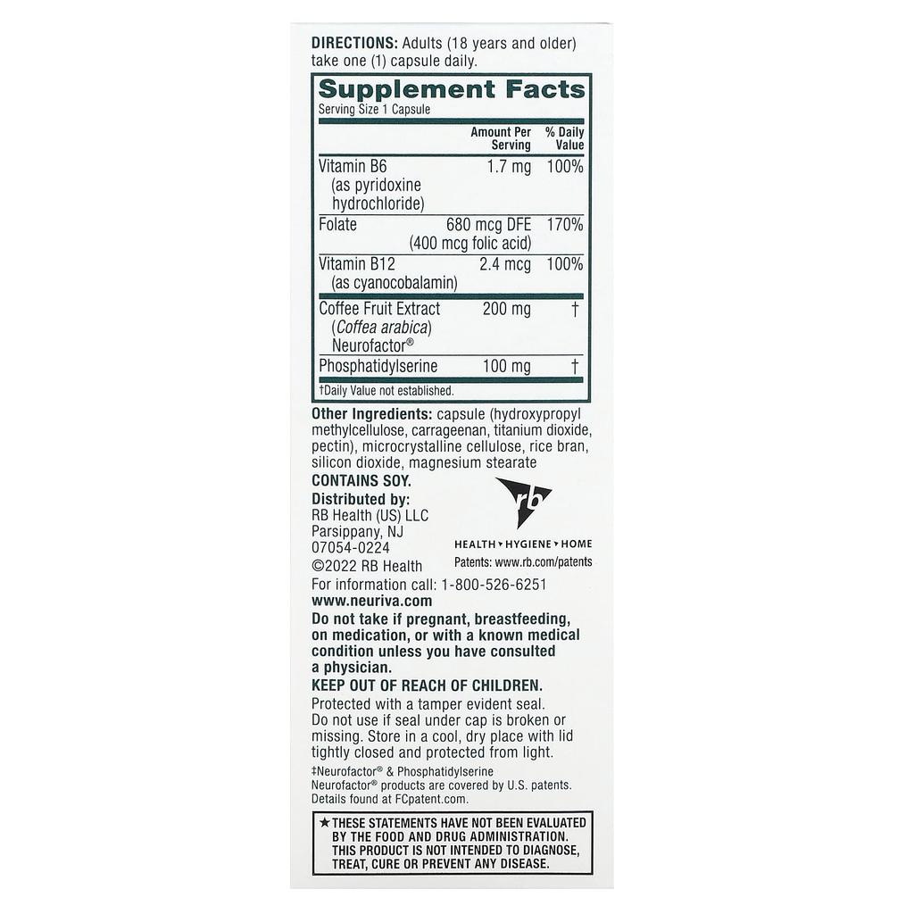 Neuriva Brain Health with Vitamin B6, B12 and Folic Acid, 30 Capsules