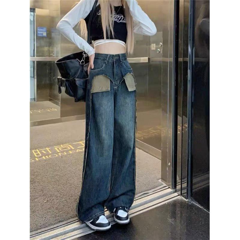 Patchwork Jeans Plus Size Woman High Waist Thin Straight Wide Leg Pants Long Pants