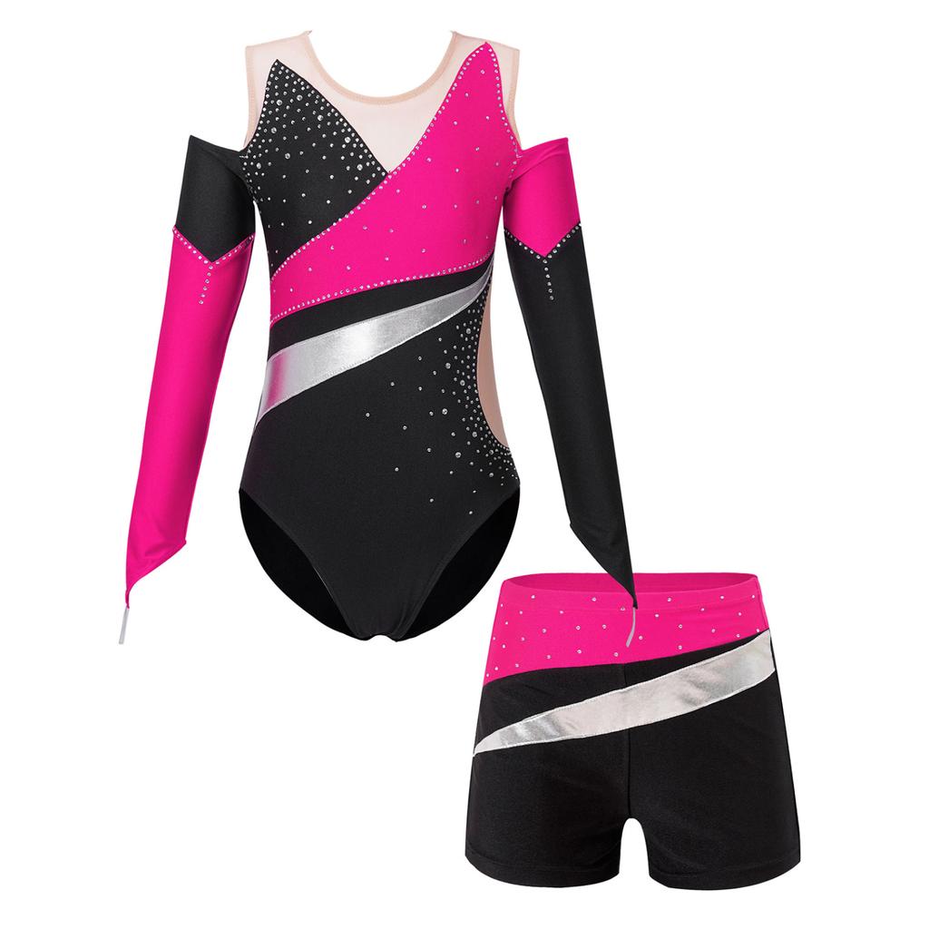Kids Girls Dancing Bodysuit Long Sleeve Off-shoulder Patchwork Style Leotard Unitard Ballet Jumpsuit with Shorts
