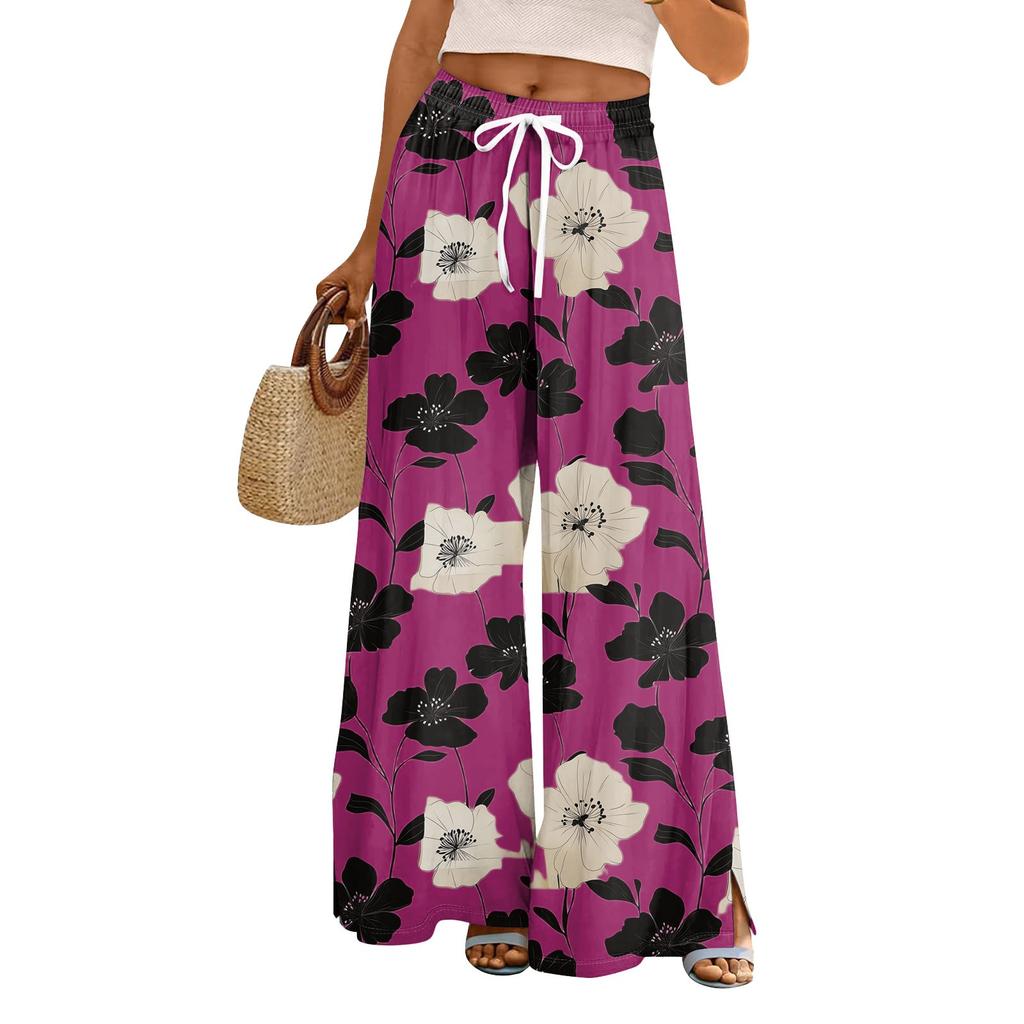 Женские свободные повседневные брюки с цветочным принтом и широкими штанинами, с эластичной талией на кулиске и карманами