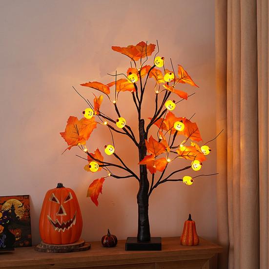 24 Inches Halloween Tree with Light LED Glowing Tree with Ghost/Pimpkin/Eyeball Light for Indoor Home Table Decor