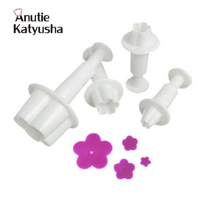 4Pcs/Set Plum Blossom Flower Plunger Fondant Cutter Sugarcraft Cake Decorating Tools DIY Cookie Stamper Baking Accessories