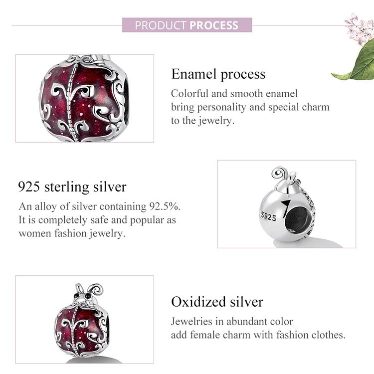 WOSTU Стерлингового серебра 925 пробы, изысканный темно-красный узор, божья коровка, насекомое, подвеска из бисера для оригинального браслета «сделай сам», ювелирное изделие, подарок для девочки