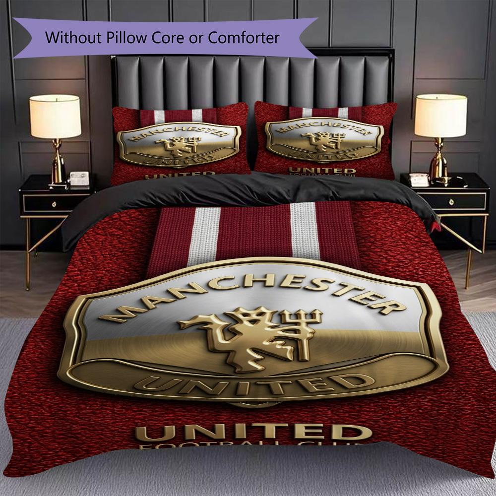 Manchester Glory Emblem Three-piece set (1 * duvet cover + 2 * pillowcase, without core) 2D Flat Christmas birthday gift Soft and comfortable