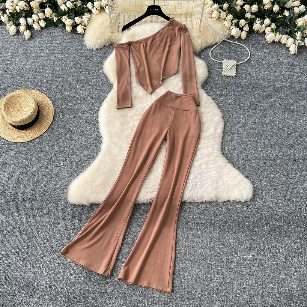 Сексуальная косая горловина без бретелек длинный рукав асимметричная футболка топ женский высокая талия тонкий пакет бедра микро брюки костюм