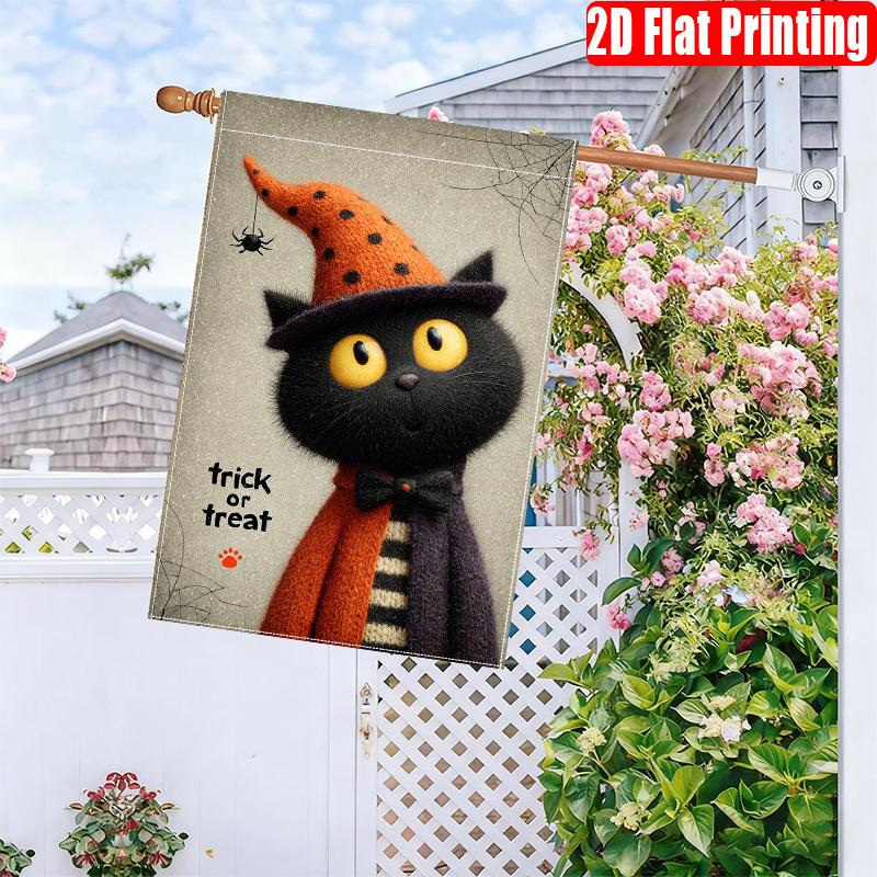 2D Flat, 1pc Halloween Fun Pattern Print Featuring a Black Cat Trick-or-treat Design_1 2D Double-sided Garden Flag, Suitable for Indoor and Outdoor De