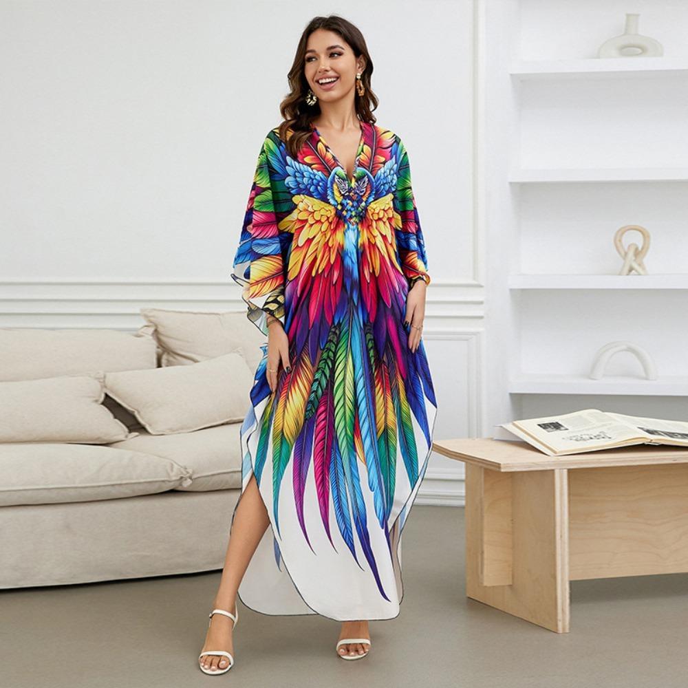 Women's Boho Cover Up, Plus Size Contrast Loose Fit Vacay Beach Kaftan Dress