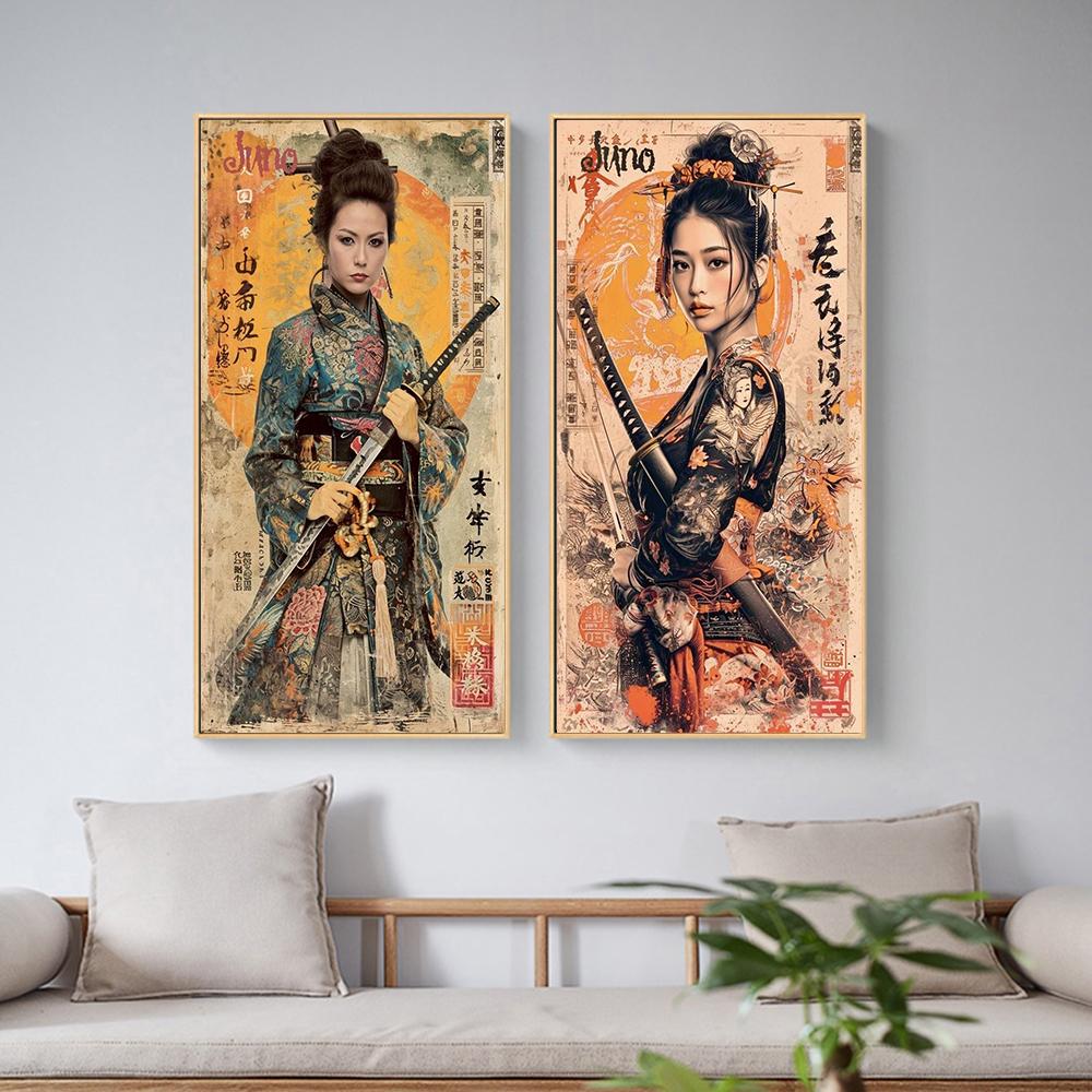 Vintage Japanese Art Geisha Samurai Poster Prints For Living Room Home Decor Sexy Woman And Warrior Canvas Painting Wall Art